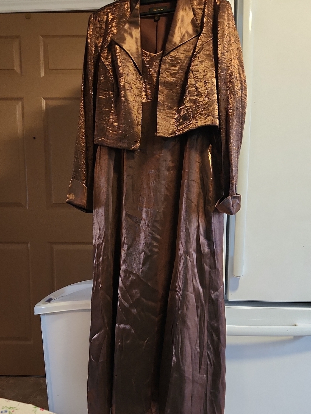 Oblique Copper Brown Metallic Formal Dress with Cropped Jacket Sz 18